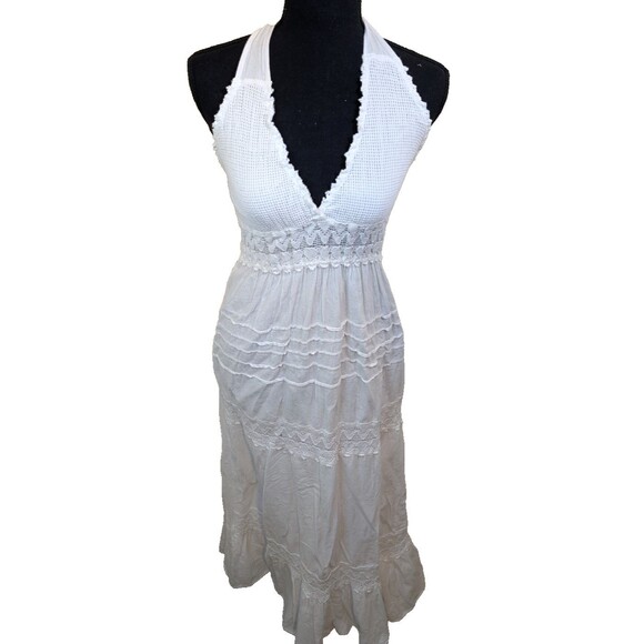 SeaSpice Resort Wear Daphne Halter Maxi Dress White Hearts Peruvian Cotton Large - Picture 1 of 14